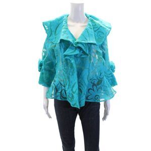 Connie K Womens Textured Long Sleeve Open Front Print Sheer Blouse Blue Size S